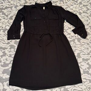 Ann Taylor LOFT Petites Black Collared Short Dress with Drawstring Waist